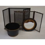 A rivetted metal twin handled planter/bucket painted black with gilt bands and oval polychrome panel