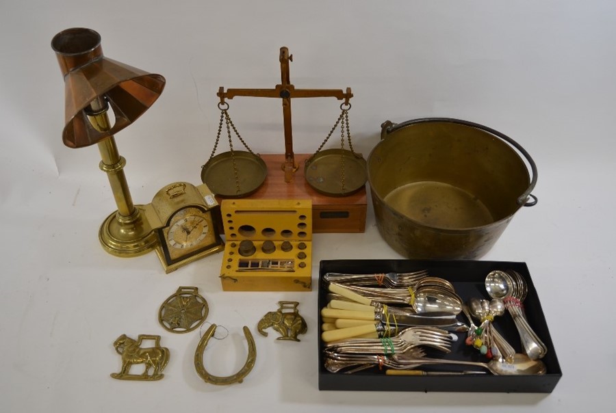 A set of Troy scales, Swiza mantle clock, brass candlestick with copper hood, brass saucepan, 3