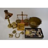 A set of Troy scales, Swiza mantle clock, brass candlestick with copper hood, brass saucepan, 3