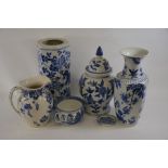 Modern decorative blue and white china wares including umbrella stand, vase, vase and cover, ewer,