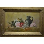 SWS - Still life study with roses and green pitcher, oil on canvas, signed with initials and dated