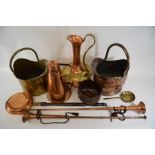 A brass coal scuttle and a copper scuttle, a bed-warming pan, skimmer, a ceramic pot, a conical