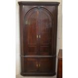 A Georgian oak floor standing corner cabinet with two pairs of panelled doors, raised on plinth