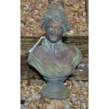 A small bronzed composite garden bust of a classical figure