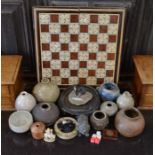 Box to include studio pottery vessels, modern vizagapatam backgammon board and some contents,