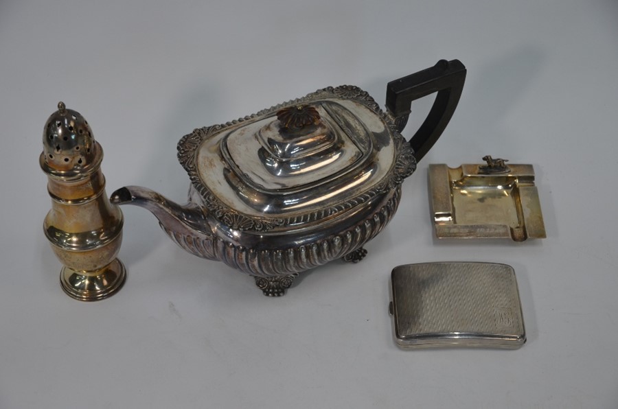 Silver sugar caster, cigarette case and ashtray, with EPBM teapot - Image 4 of 4