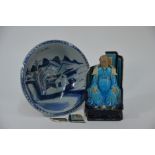 A Chinese ceramic figure, possibly Laozi to/w a Chinese provincial blue and white bowl (2)