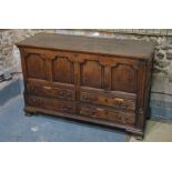 An 18th century Lancashire mahogany cross-banded oak mule chest, 147 cm w x 53 cm x 92 cm h