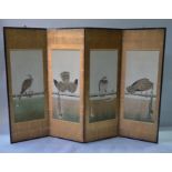 A 20th century Japanese four panel folding screen, Byobu, painted with hawks