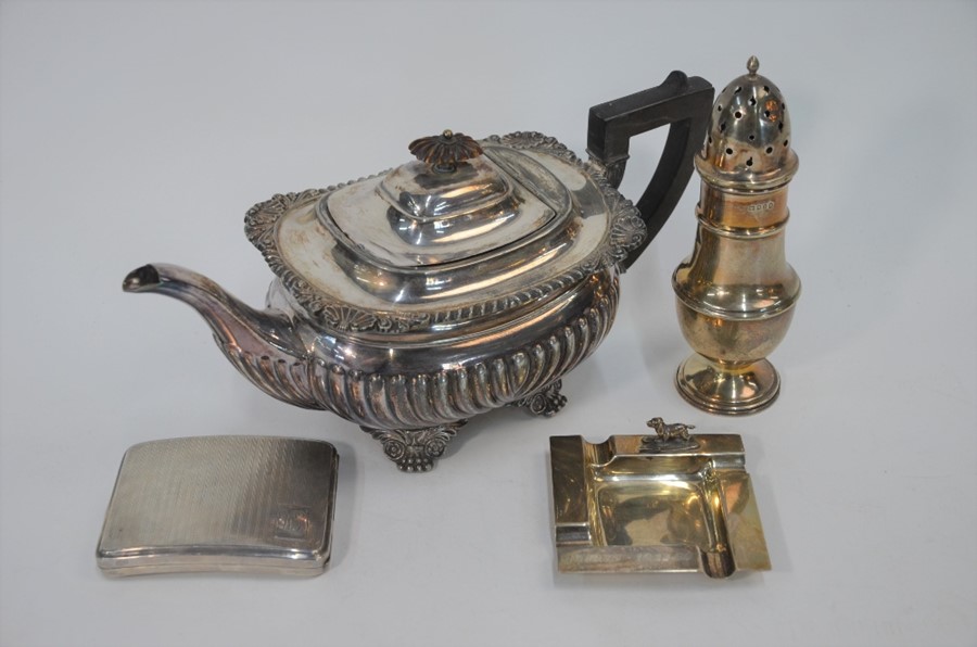 Silver sugar caster, cigarette case and ashtray, with EPBM teapot