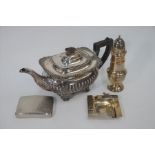 Silver sugar caster, cigarette case and ashtray, with EPBM teapot