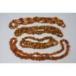 Four various rows of tumbled amber bead necklaces