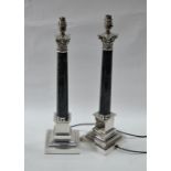 A pair of EPNS mounted green marble column table lamps