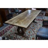 An Edwardian heavy oak refectory dining table, 214 cm x 90 cm x 76 cm h