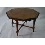 A Victorian Aesthetic period burr walnut and ebonised octagonal centre table