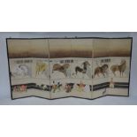 A 20th century Japanese folding screen, Byobu, six horses in a stable, 95 cm high x 205 wide