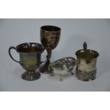 Silver trophy cups, mug and Continental open salt