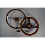 Two vintage wood rimmed steering wheels, 38 cm and 34 cm dia.