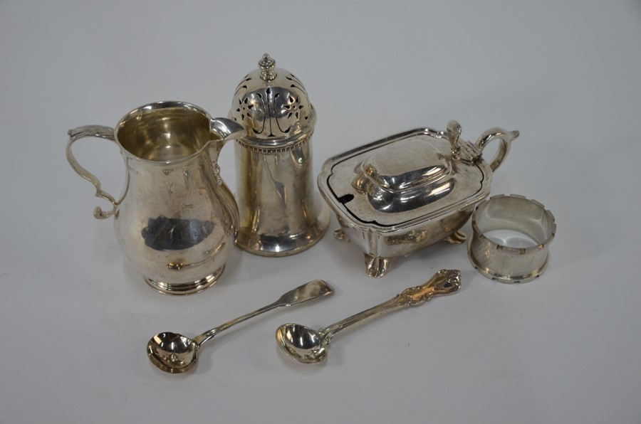 Silver cream jug, mustard, sugar caster, etc