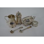 Silver cream jug, mustard, sugar caster, etc