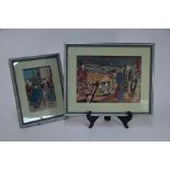 Two Japanese chirimengami-e prints, framed and glazed (2)