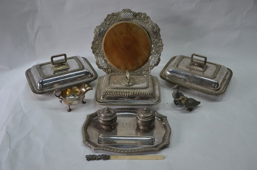 A silver inkstand and other electroplated items