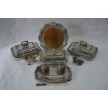 A silver inkstand and other electroplated items
