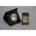 A vintage Swiss movement fob watch to/w a miniature brass travel carriage alarm clock