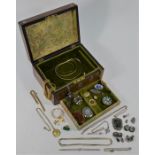 A wooden jewel box containing small quantity of antique and later jewellery