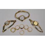 Mixed gold items including rings and wristwatches