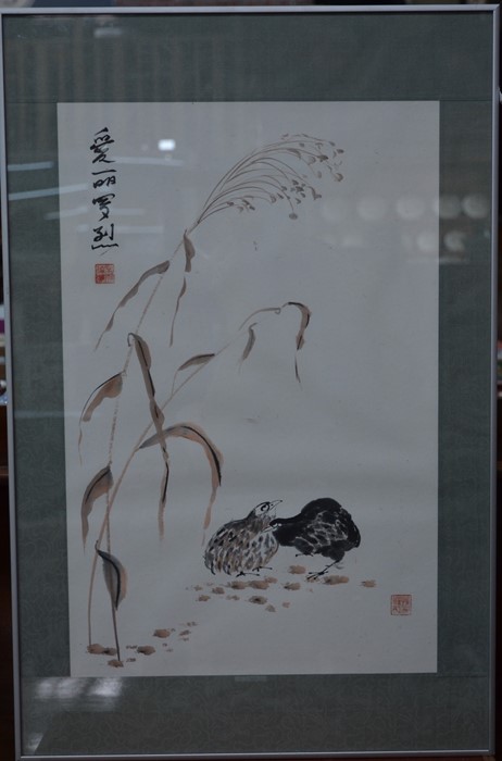 A framed and silk mounted Chinese brush painting of Grouse by Laurette Elliot