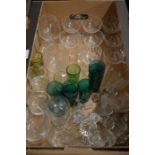 Seven Victorian green glass beakers, eight various cut glass champagne saucers