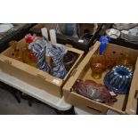 Two boxes of studio and other glassware and glazed terracotta jelly mould