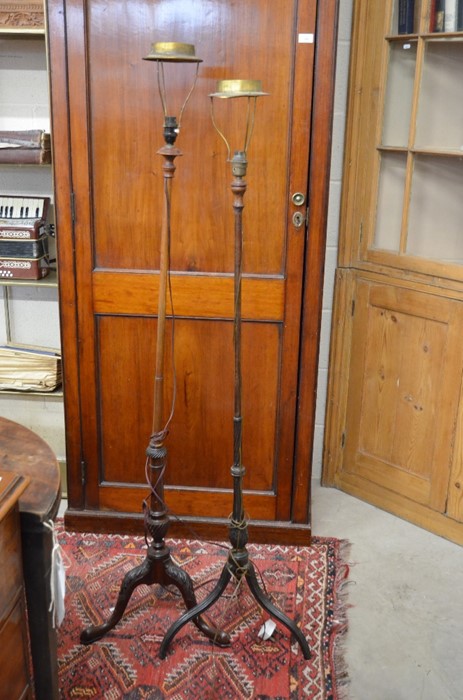 Two Edwardian pole screen stands converted to lamp stands (2)