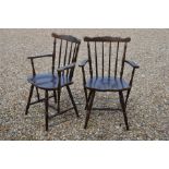 Pair of 20th century Ercol style, elm seated, spindle back open armchairs