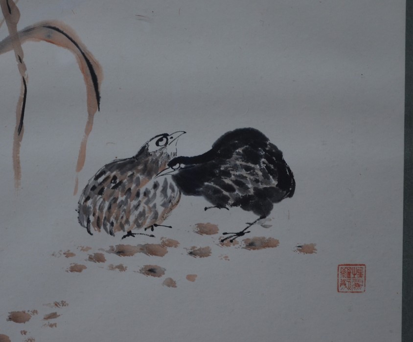 A framed and silk mounted Chinese brush painting of Grouse by Laurette Elliot - Image 3 of 6
