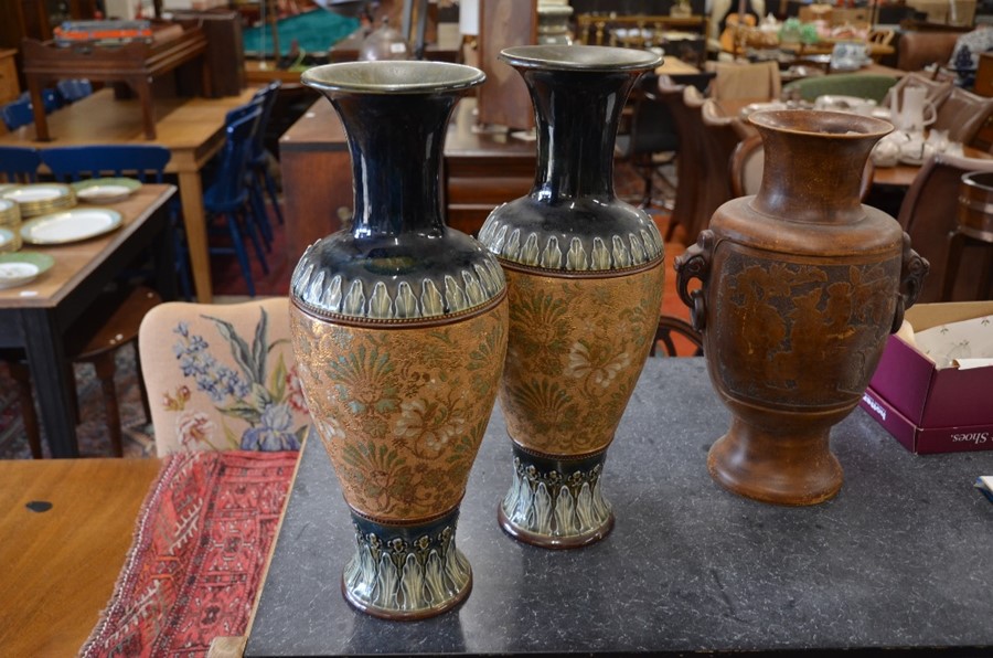 A pair of Royal Doulton Slaters patent Lambeth stoneware vases