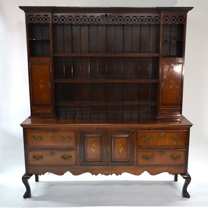 A 19th century mahogany and chequer cross-banded oak high dresser