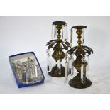 A pair of old gilt-metal glass strung single candle lustres