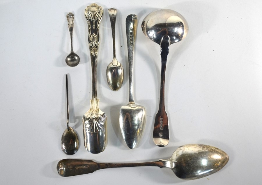 Three George III fiddle pattern table spoons and a sauce ladle - Image 3 of 3