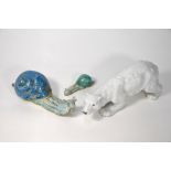 A French Bruno Balon a Blois faience snail with gilt decoration and two other creatures