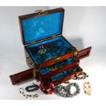 A Chinese jewel box with brass mounts containing fashion jewellery