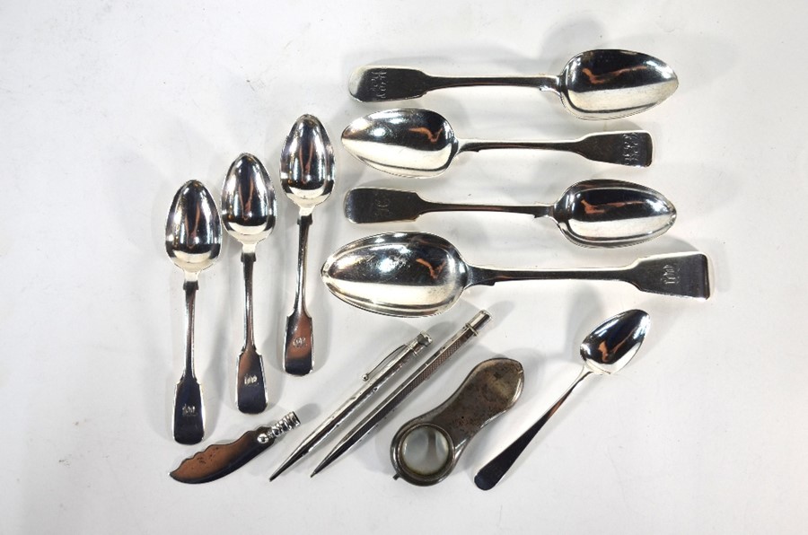 Silver fiddle pattern spoons, etc.