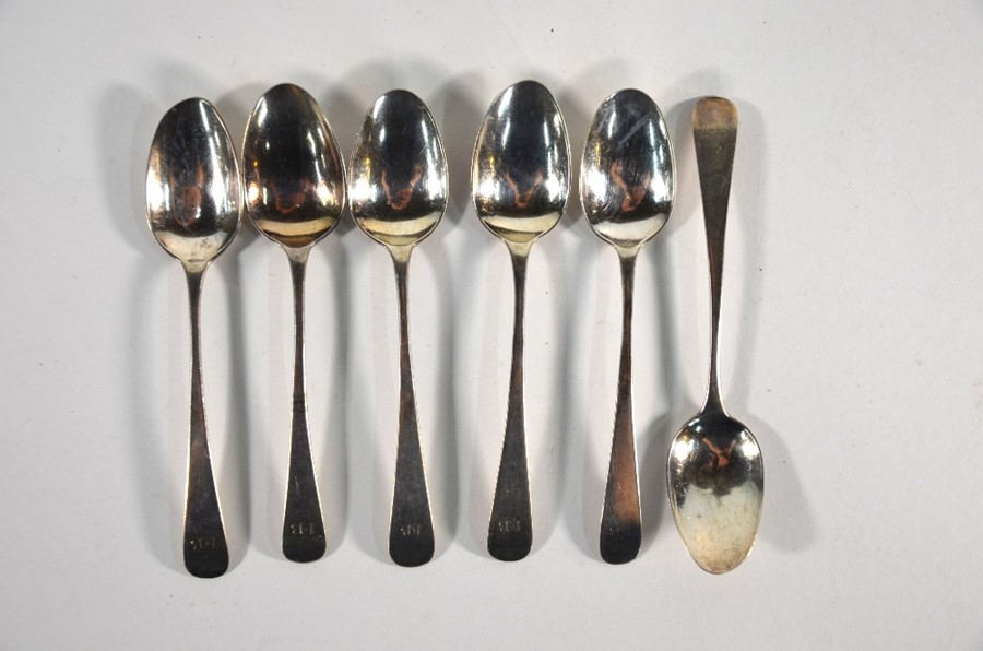 Three George III fiddle pattern table spoons and a sauce ladle - Image 2 of 3