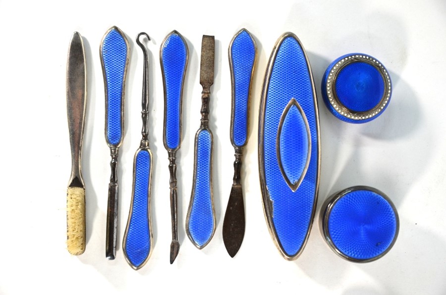 A matched silver and blue basse-taille enamel-mounted dressing table set - Image 6 of 6