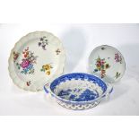 Two Continental Porcelain floral-painted dishes & Willow chestnut basket