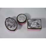 A George III Battersea Bilston enamel oval patch-box and two others