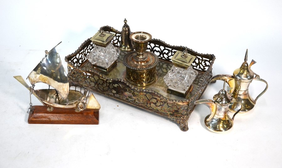 Two Middle Eastern white metal miniature coffee pots, etc.