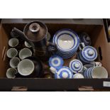 A small collection of blue-striped Cornishware and other items