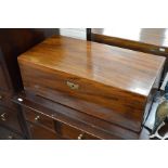 A 19th century mahogany box with hinged top and two side drawers